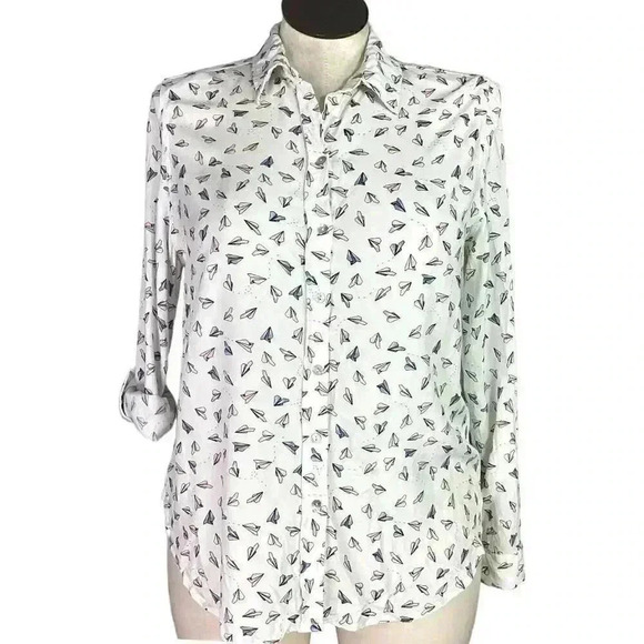 Jane and Delancey Top Women L White Multi Paper Airplane Button Up Blouse - Picture 2 of 9